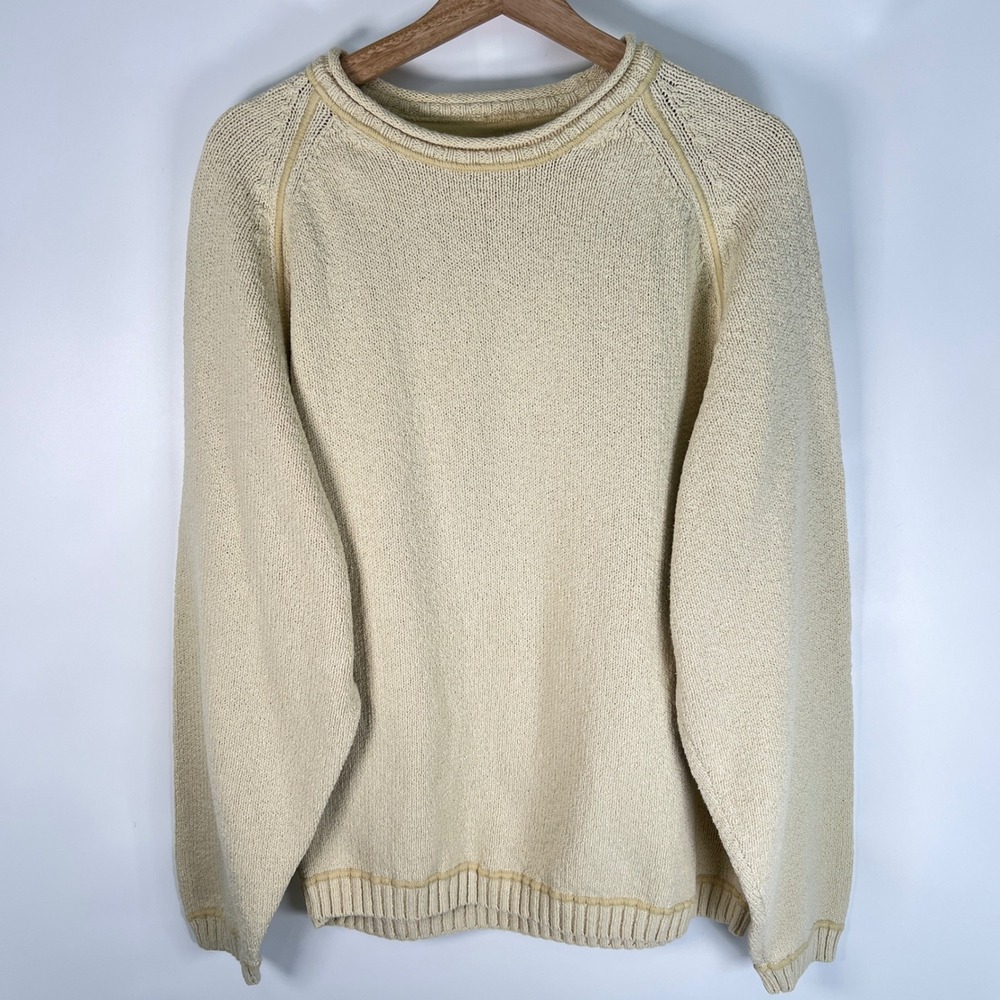 Tommy Bahama Mens Large Cream Cotton Raglan Rolled Neck Crewneck Sweater Knit